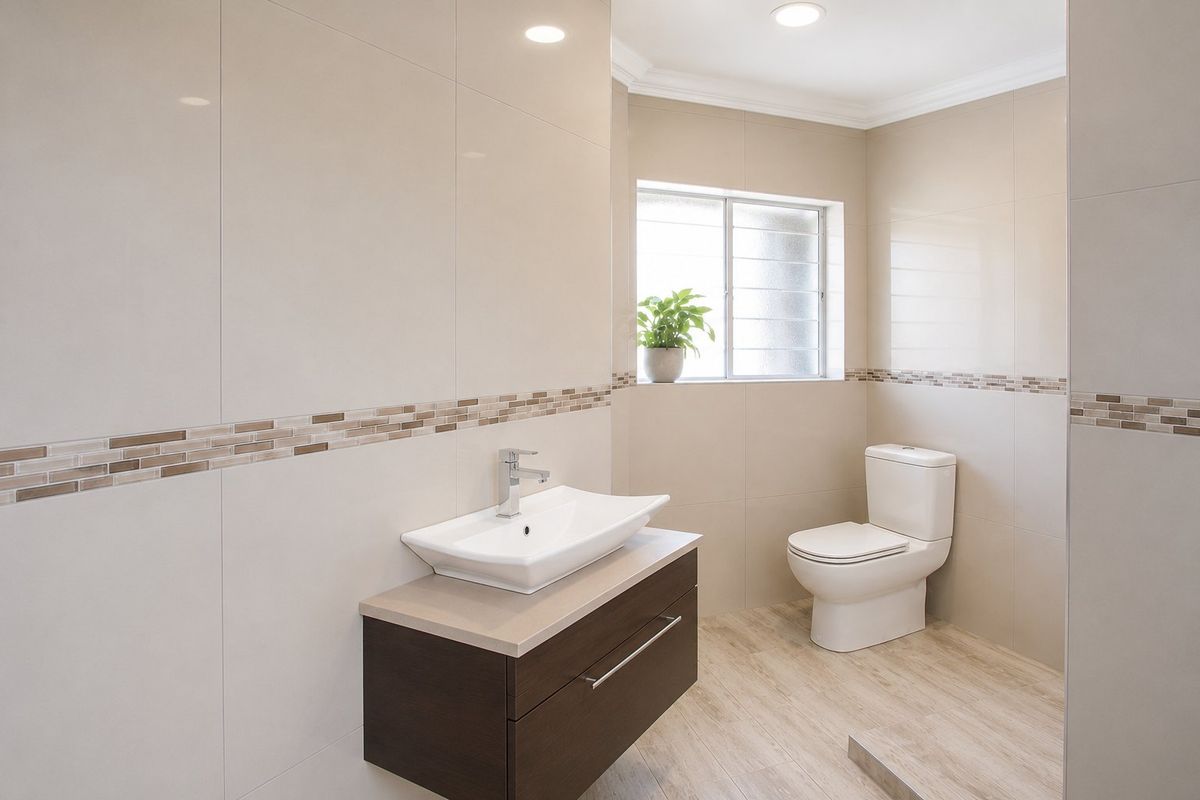 Modern bathroom featuring a wall-mounted vanity with a vessel sink, neutral tiled walls with decorative accents, and a clean, contemporary layout.
