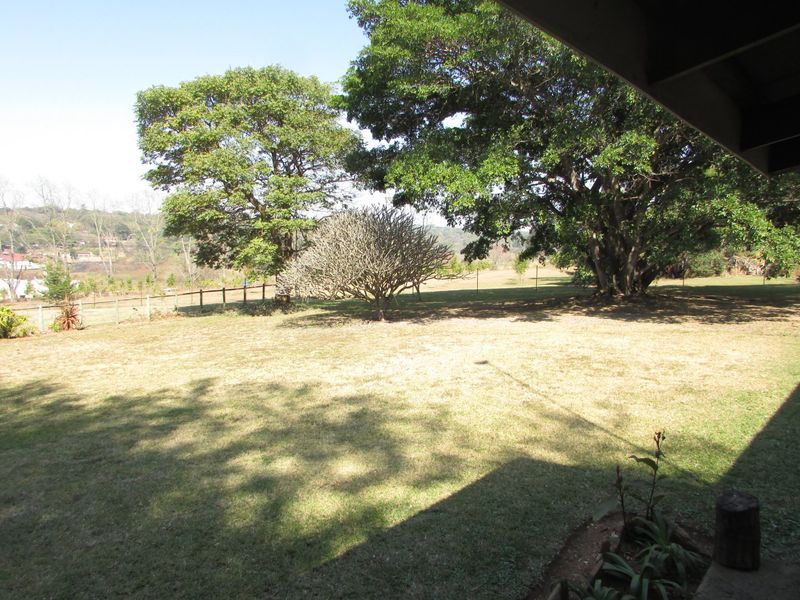A view of the expansive rear garden featuring mature trees and wire fencing, viewed from a covered patio area.