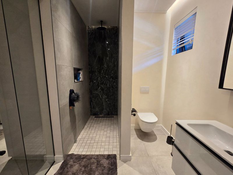 Modern bathroom featuring a walk-in shower with dark marble-effect tiling, a wall-mounted toilet, and a sleek vanity unit.