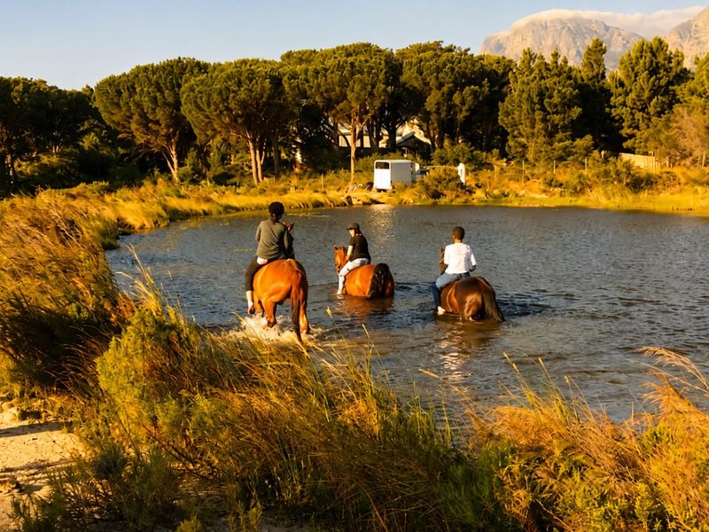 A scenic view of a natural pond surrounded by mature trees and mountain vistas, showcasing the tranquil outdoor environment of the property.