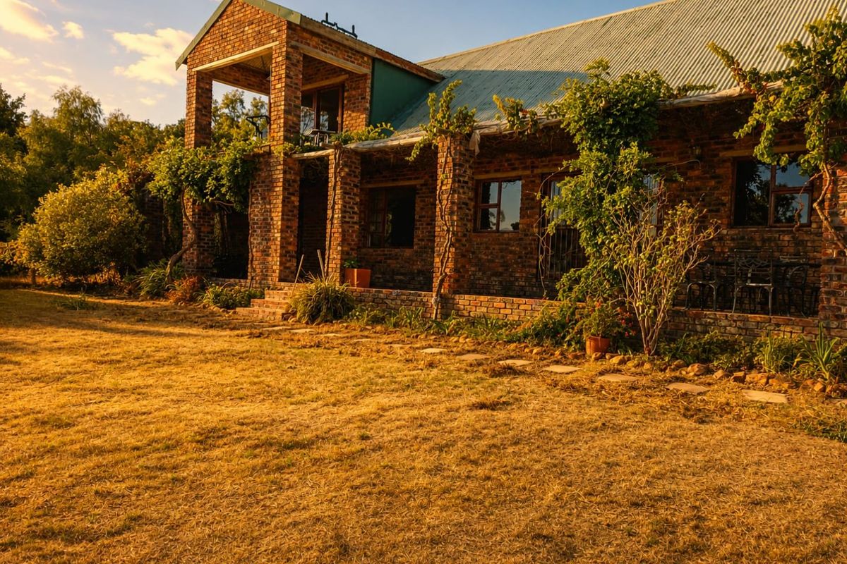 A charming rustic house featuring exposed brickwork, a corrugated metal roof, and a spacious covered patio overlooking a large garden area.