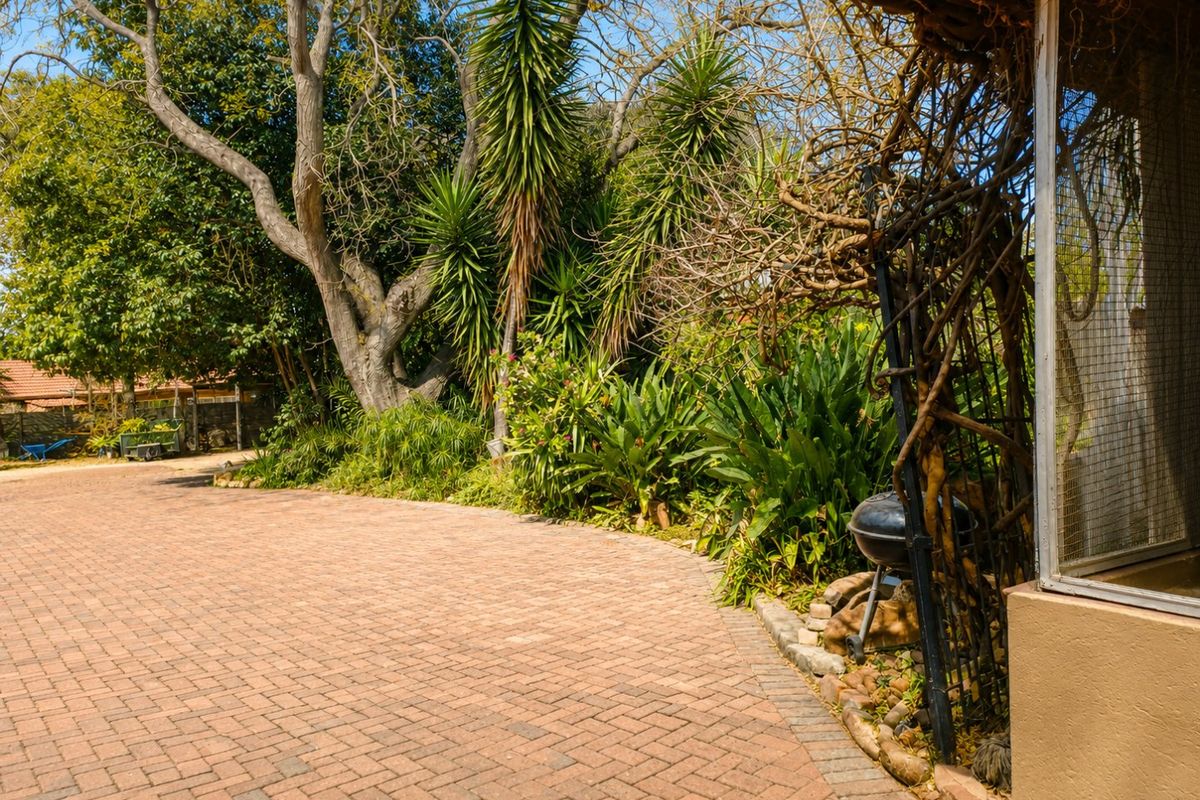 A paved rear courtyard area featuring established garden beds, mature trees, and a security-screened exterior wall.