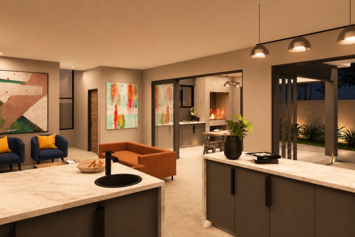 Modern open-plan living area featuring a sleek kitchen island, stone countertops, and seamless transition to an outdoor patio with a built-in fireplace.