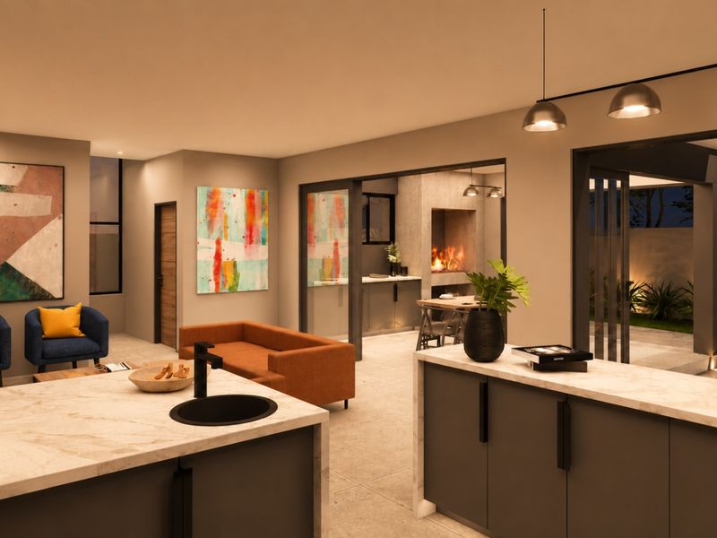 Modern open-plan living area featuring a sleek kitchen island, stone countertops, and seamless transition to an outdoor patio with a built-in fireplace.