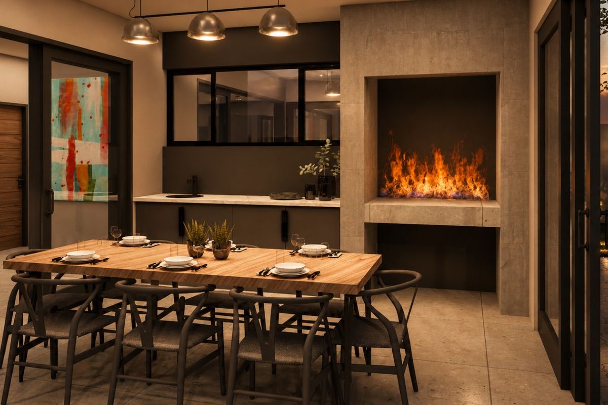 Modern dining area featuring a built-in fireplace, stone-topped wet bar, and large sliding glass doors opening to the exterior.