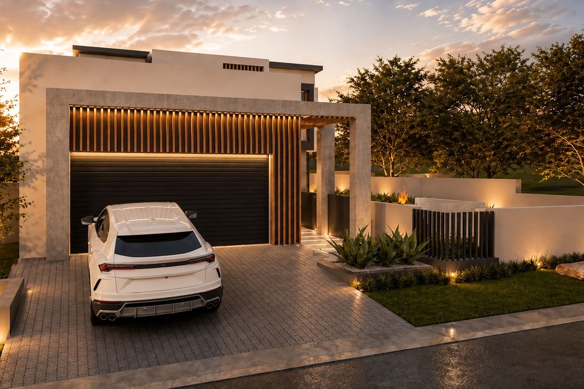 Modern architectural front facade featuring a paved driveway, automated garage, timber slat detailing, and integrated landscape lighting at sunset.