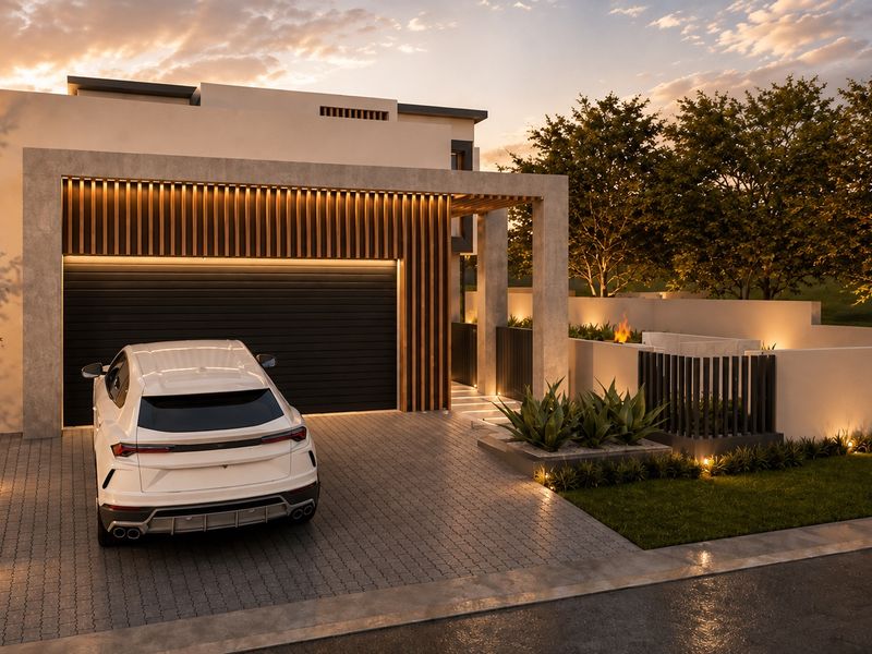 Modern architectural front facade featuring a paved driveway, automated garage, timber slat detailing, and integrated landscape lighting at sunset.