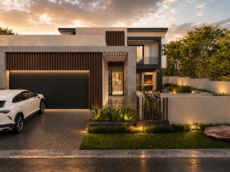 Modern architectural facade featuring timber slat detailing, concrete accents, a paved driveway, and integrated landscape lighting at dusk.