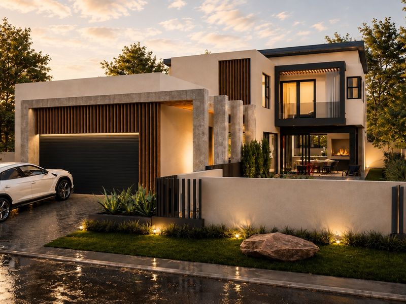 Modern architectural home featuring a double garage, timber slat accents, concrete structural elements, and a covered patio with an integrated outdoor fireplace.