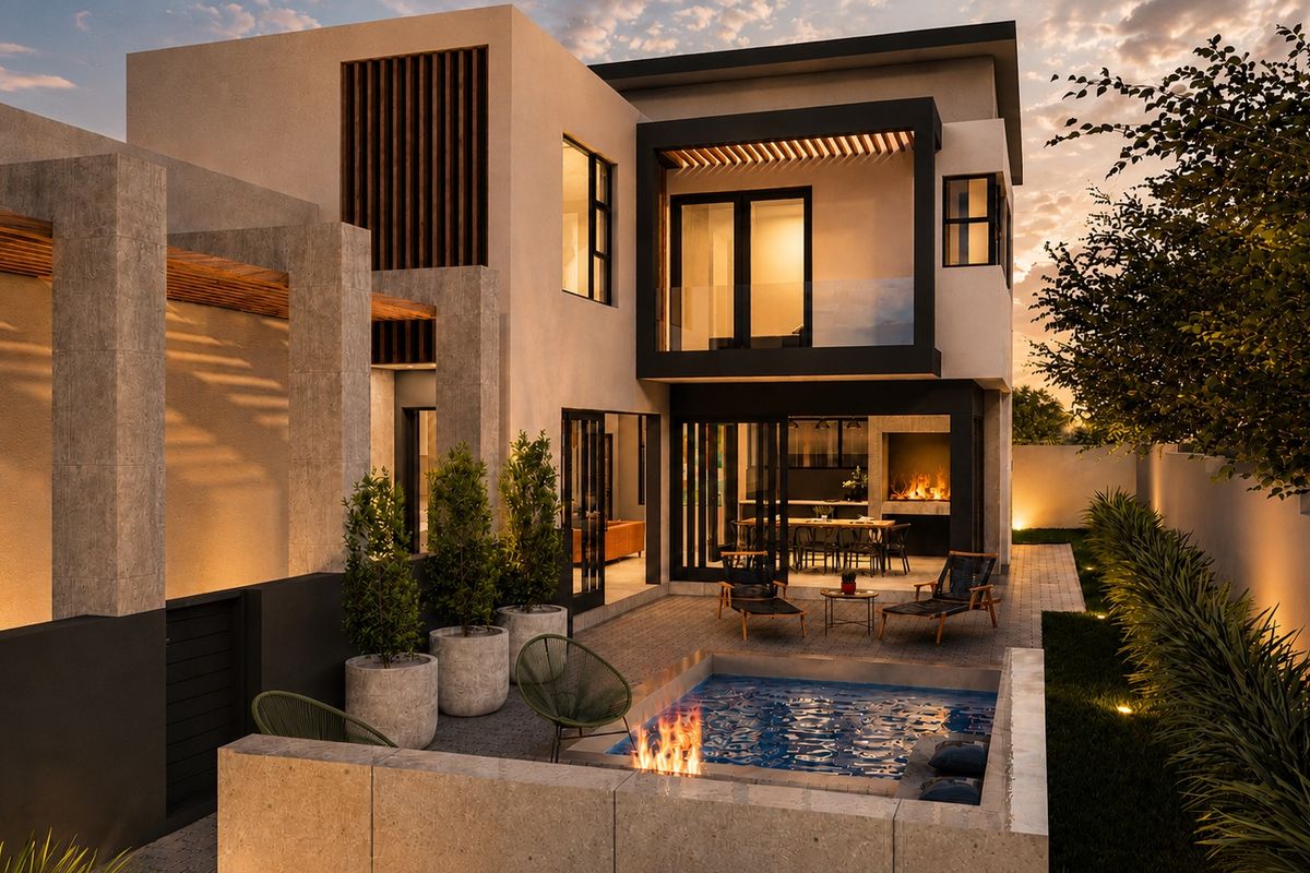Modern rear exterior featuring a contemporary swimming pool, built-in fireplace, covered patio, and balcony, showcasing high-end architectural design and integrated outdoor lighting.