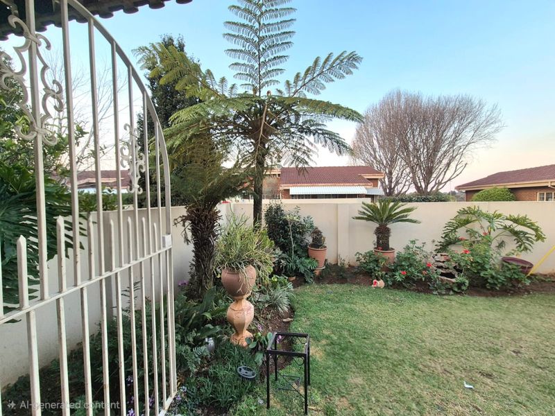 A private rear garden area featuring a well-maintained lawn, established landscaping, and a secure perimeter wall with a metal access gate.
