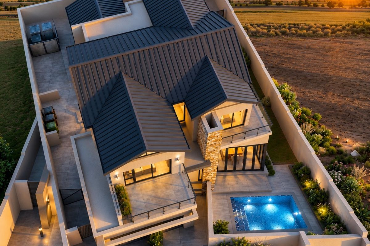 Aerial view of a modern residential property featuring a metal roof, private swimming pool, stone accents, and spacious balconies at sunset.