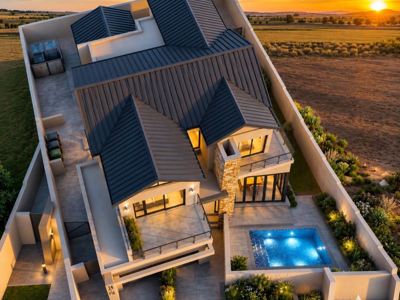 Aerial view of a modern residential property featuring a metal roof, private swimming pool, stone accents, and spacious balconies at sunset.