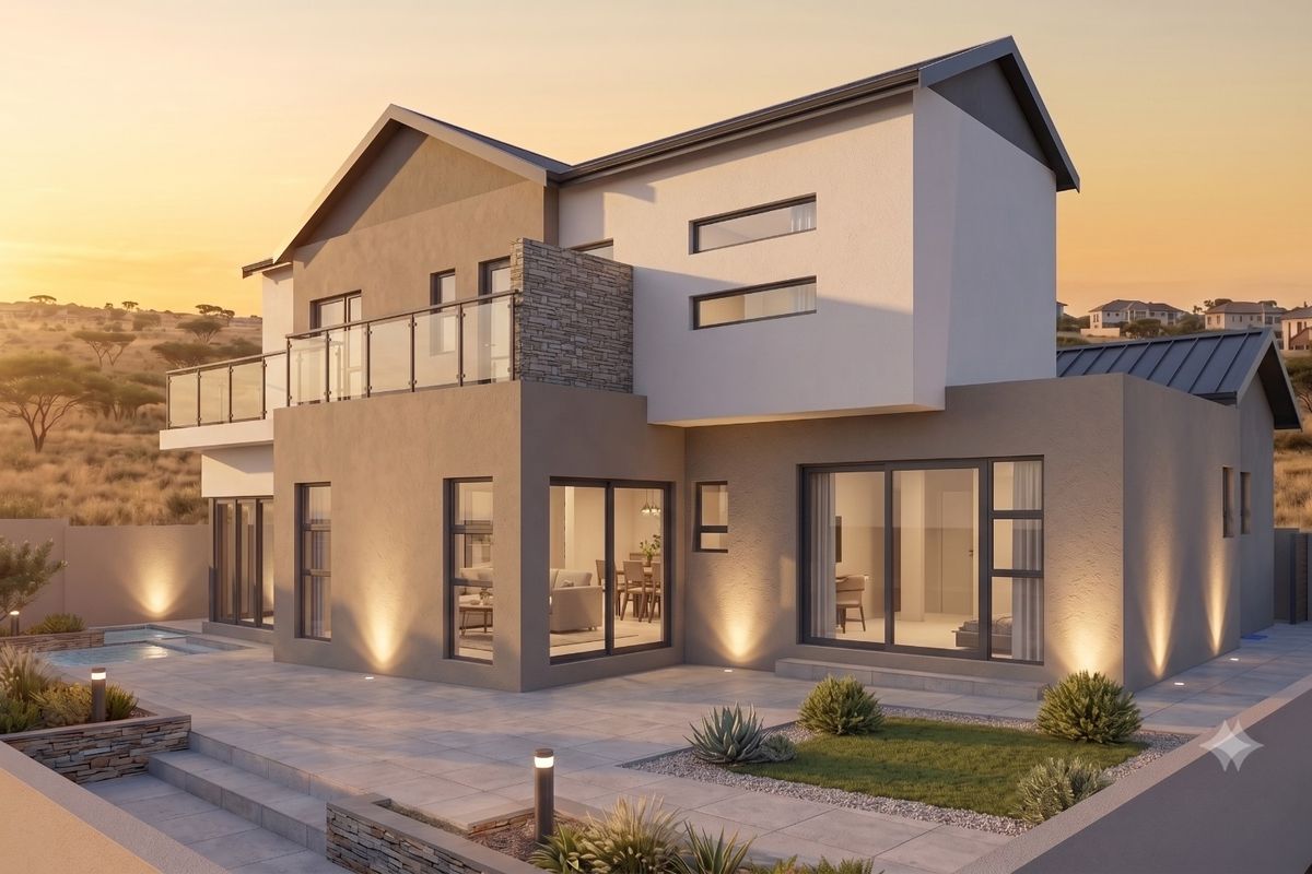 Modern double-story residence featuring a rear patio, swimming pool, stone accents, and a spacious balcony overlooking the surrounding landscape.