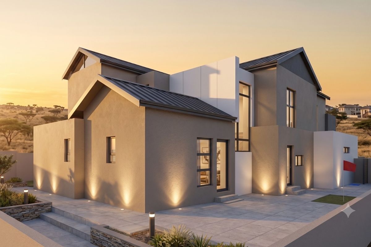 A modern architectural rear elevation featuring a metal roof, paved patio area, and integrated exterior lighting at sunset.