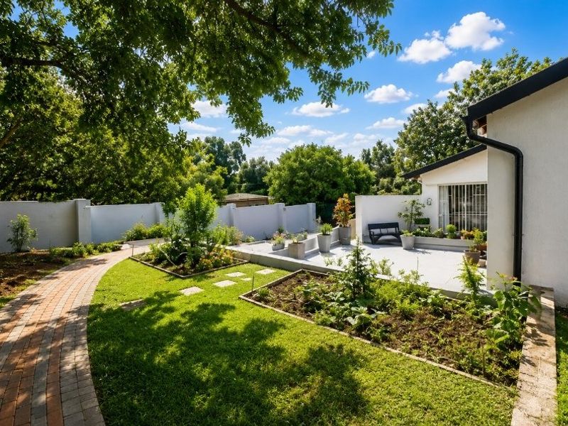 A well-maintained rear garden featuring a brick paved pathway, raised garden beds, and a concrete patio area adjacent to the main dwelling.