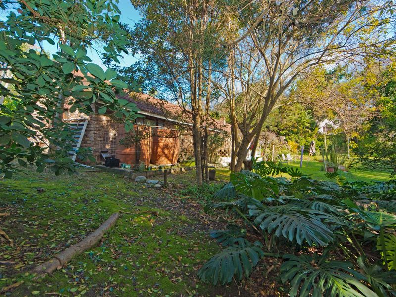 Rear view of the property featuring a brick facade, large water tanks, and an established, heavily wooded garden area.