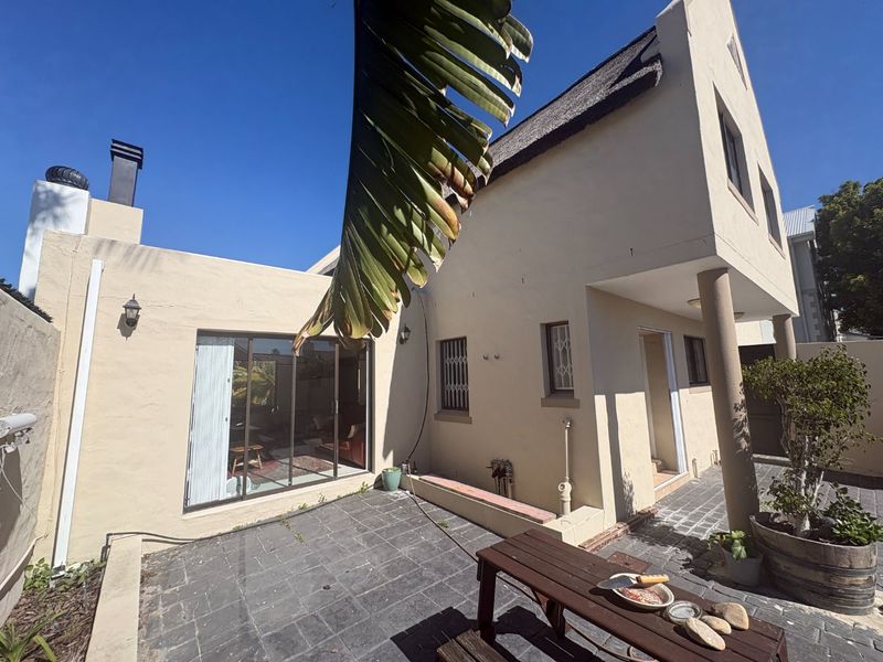 Rear view of a thatched-roof house featuring a paved patio area, sliding glass doors, and exterior security features.
