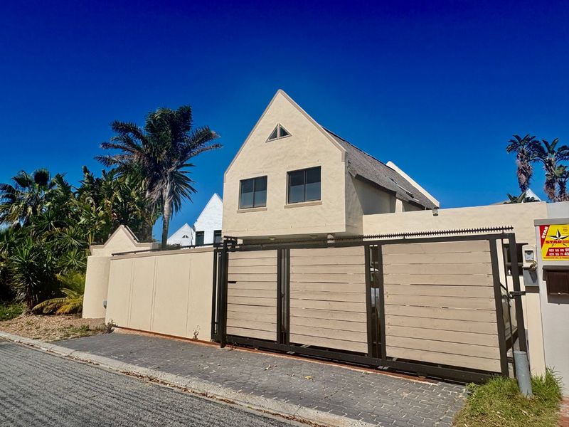 Front elevation of a house featuring a thatched roof, secure perimeter wall, and a modern sliding gate.