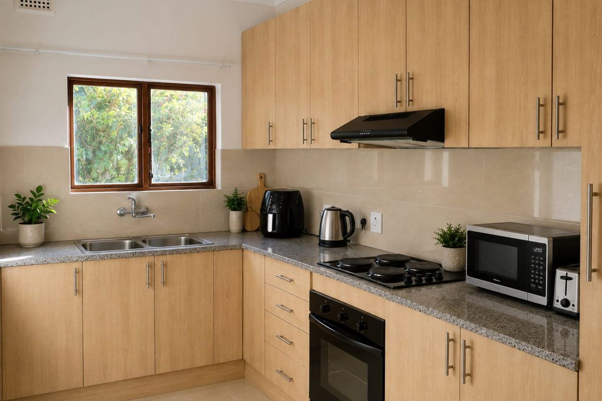 A well-maintained kitchen featuring light wood-finish cabinetry, granite countertops, a double basin sink, and integrated appliances including an oven and hob.