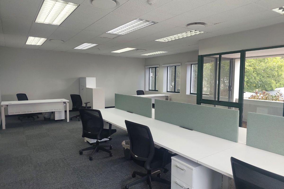 A functional open-plan office space featuring carpeted flooring, recessed lighting, and large windows providing natural light.