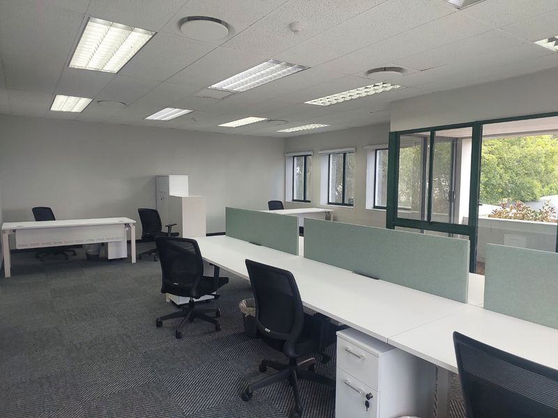 A functional open-plan office space featuring carpeted flooring, recessed lighting, and large windows providing natural light.