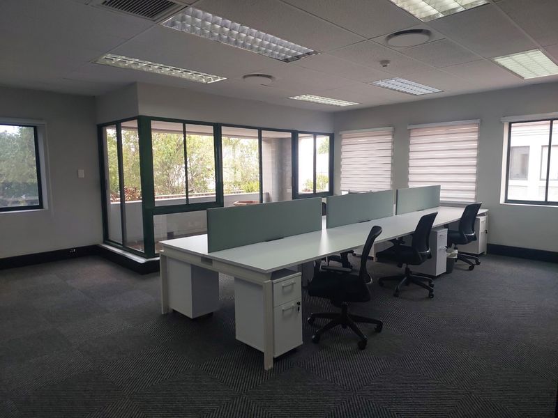 A professional commercial office space featuring carpeted flooring, suspended ceilings with recessed lighting, and large windows with roller blinds and glass partitioning.