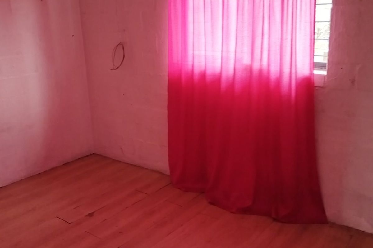 An empty bedroom featuring laminate flooring, a window with security bars, and a ceiling-mounted light fixture, requiring cosmetic updates.