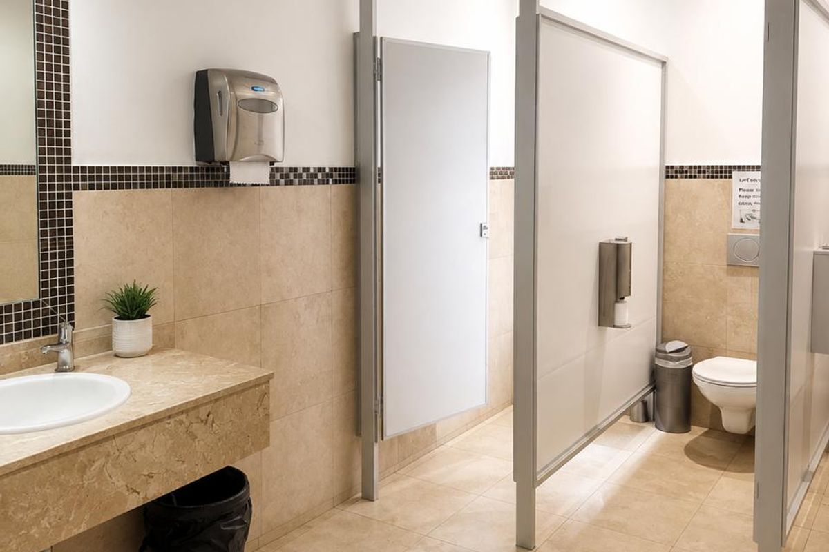 Commercial bathroom facility featuring stone vanity countertops, tiled wall finishes, and private toilet cubicles with modern fixtures.