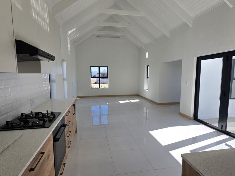 Spacious open-plan living area featuring a high vaulted ceiling with exposed trusses, modern kitchen with gas hob, and seamless access to the outdoors.
