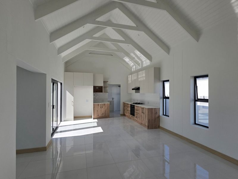 Spacious open-plan living and kitchen area featuring a high vaulted ceiling with exposed rafters, modern cabinetry, and sleek tiled flooring.