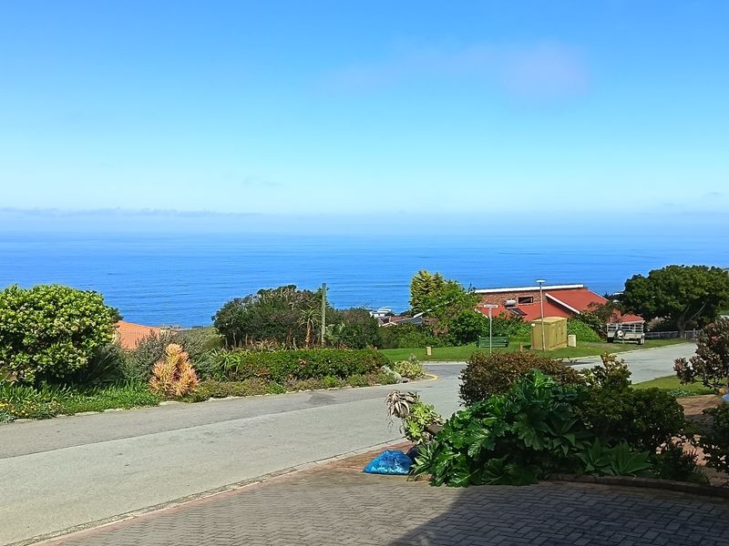 A scenic elevated view overlooking the coastal landscape, featuring a paved driveway and established garden area in the foreground.