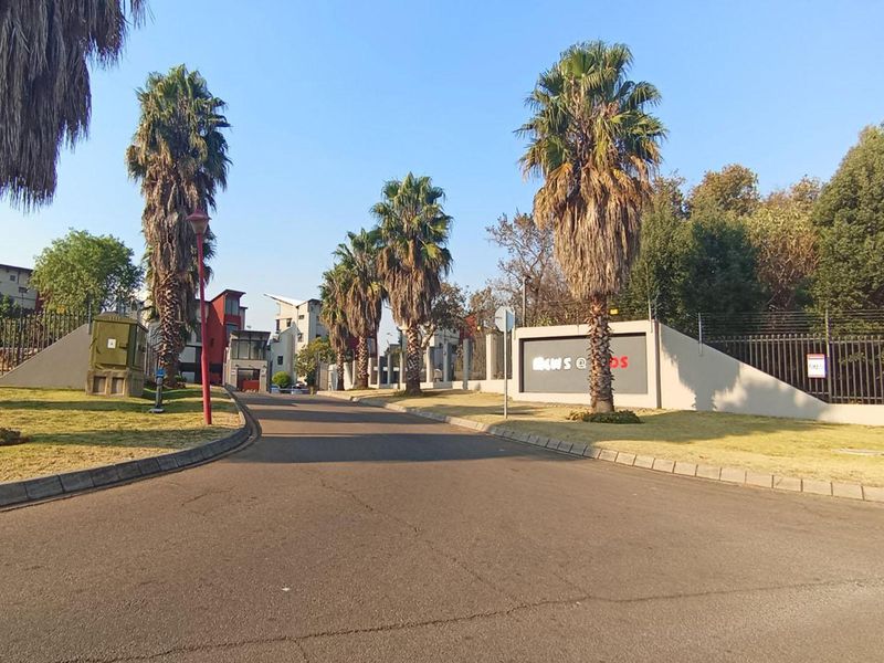 A view of the entrance road leading into the apartment complex, featuring paved surfaces, security fencing, and established palm tree landscaping.