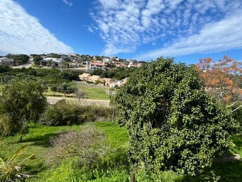A scenic view overlooking a green garden area with mature trees and a distant residential hillside landscape.
