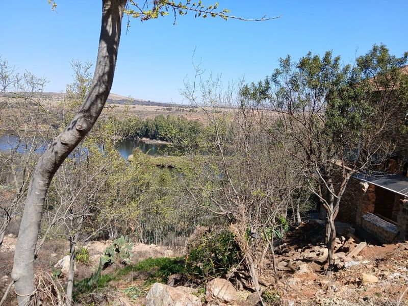 A scenic view overlooking a natural water body and surrounding landscape, featuring mature trees and rugged terrain.
