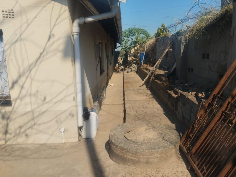 A narrow rear exterior side passage featuring a concrete pathway, perimeter wall, and drainage infrastructure requiring maintenance and clearing.
