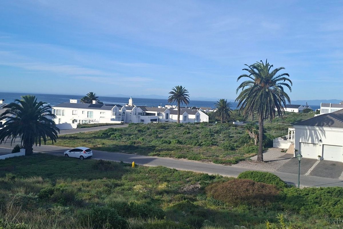 A scenic elevated view of a coastal residential estate featuring paved roads, mature palm trees, and distant ocean vistas.