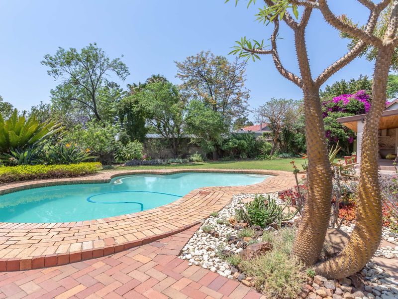 A well-maintained swimming pool area featuring brick paving, established garden landscaping, and a covered patio area in the background.