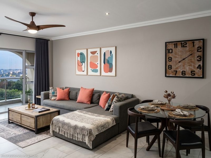 Modern open-plan living and dining area featuring tiled floors, recessed lighting, a ceiling fan, and access to a private balcony.