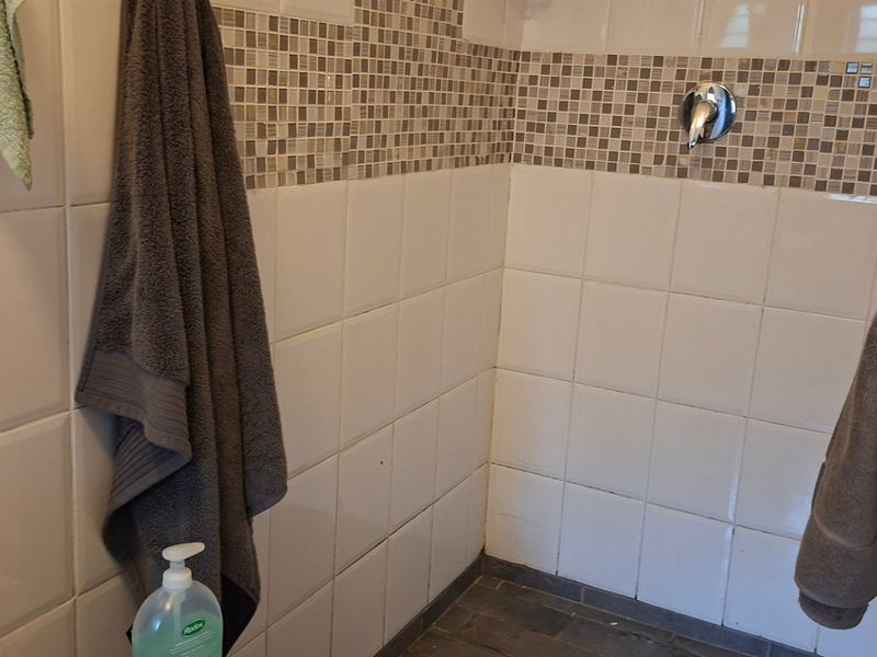 A functional bathroom shower area featuring white ceramic wall tiles with a decorative mosaic border and chrome fixtures.