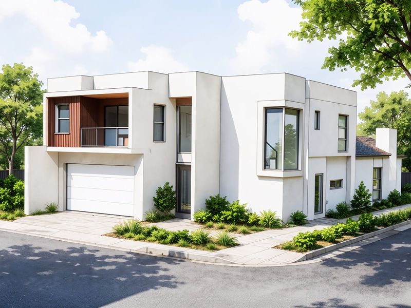 Modern two-story residential property featuring a double garage, upper-level balcony with timber accents, and clean architectural lines.