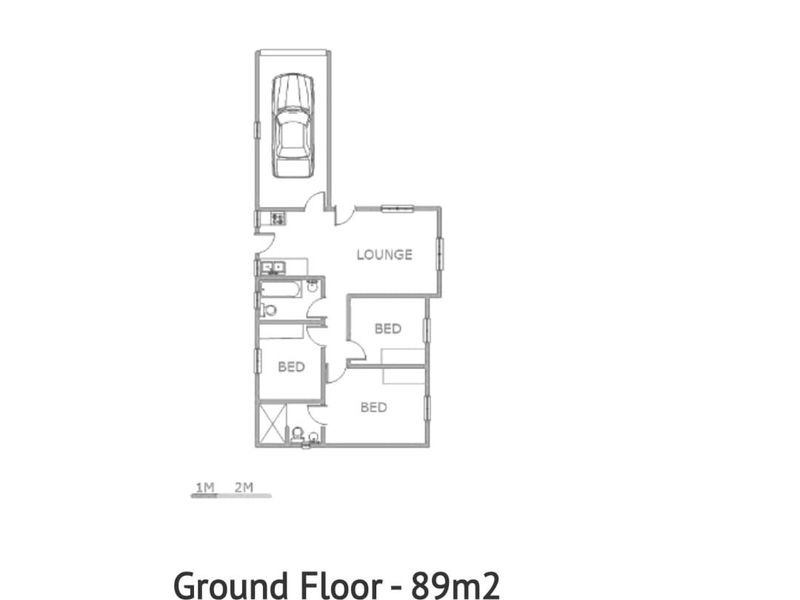 A clear architectural floor plan showing the layout of the ground floor, including the lounge, bedrooms, and garage, totaling 89 square meters.