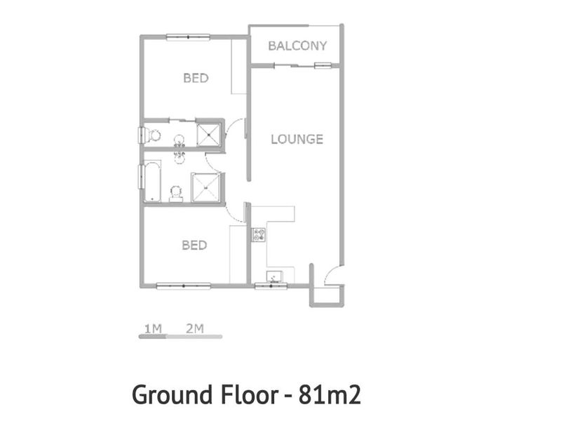 A clear architectural floor plan showing the layout of an 81m2 ground floor apartment including two bedrooms, a lounge, kitchen, and balcony.