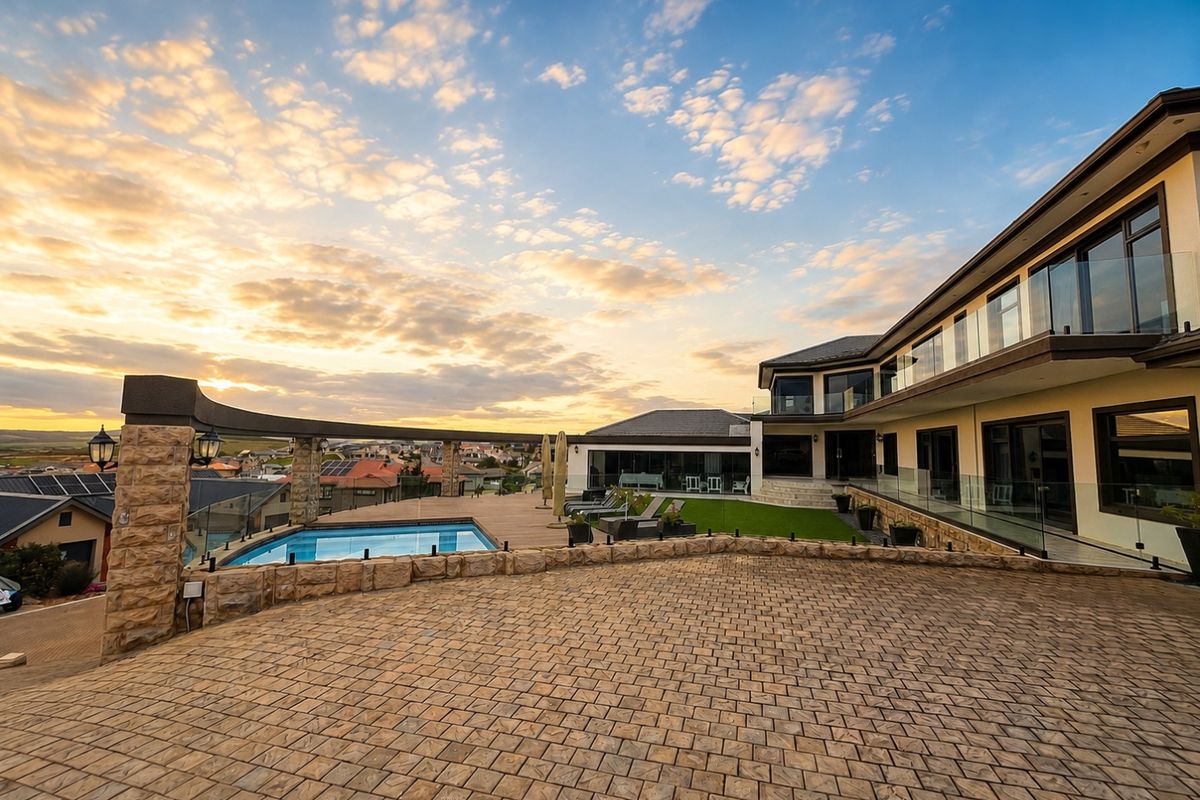 Expansive rear exterior featuring a paved patio, timber decking, swimming pool, and glass balustrades, set against a scenic sunset backdrop.