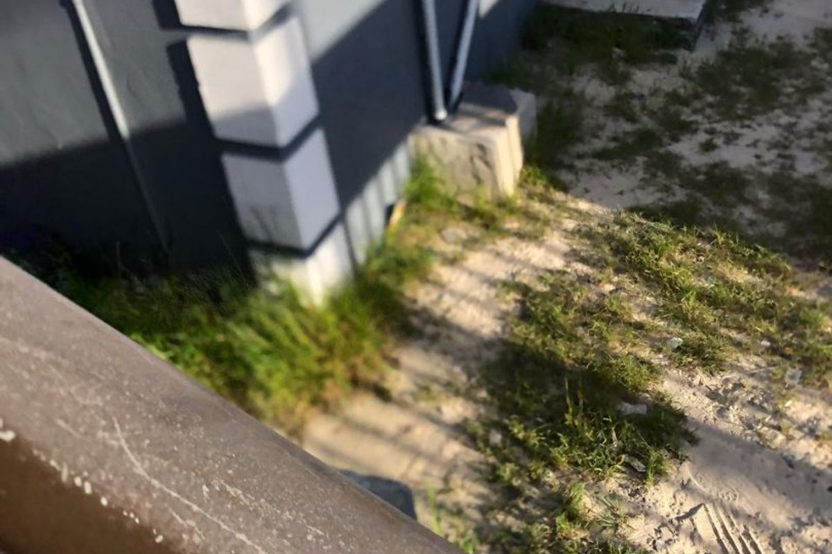 An elevated view of the rear exterior area showing a metal security gate, external wall finishes, and unmaintained ground surface.
