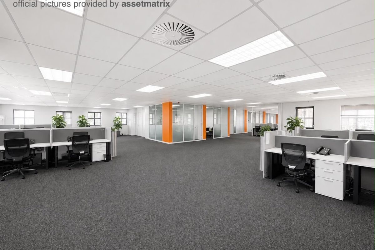 Open-plan commercial office space featuring suspended ceilings, recessed lighting, glass-partitioned meeting rooms, and grey carpeting.