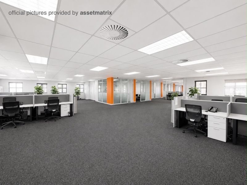 Open-plan commercial office space featuring suspended ceilings, recessed lighting, glass-partitioned meeting rooms, and grey carpeting.