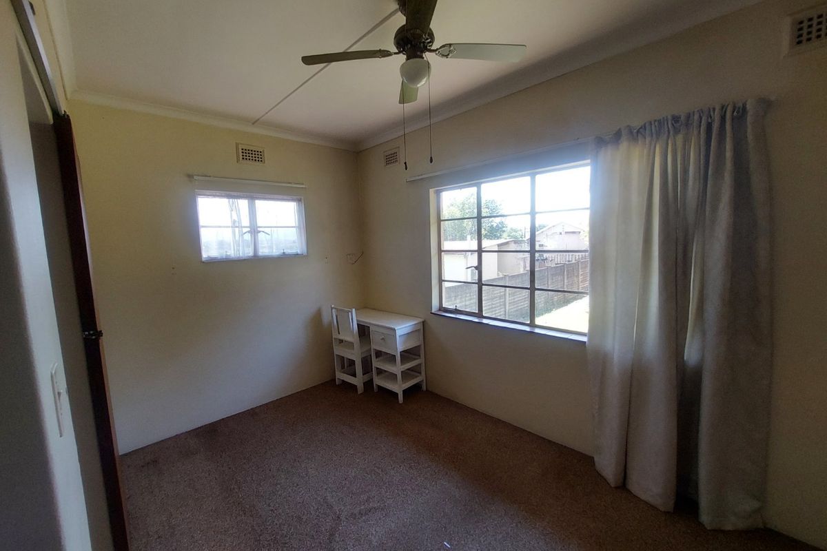 A vacant bedroom featuring carpeted flooring, a ceiling fan, and steel-framed windows, offering a blank canvas for potential interior updates.