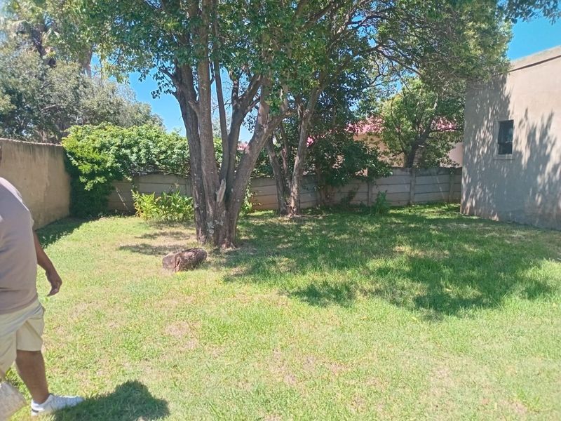 A private backyard area featuring a grass lawn, mature trees, and perimeter boundary walling.