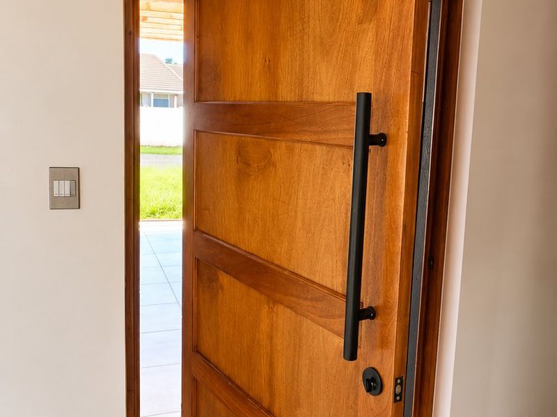 Modern entrance featuring a large timber pivot door with a sleek black handle, complemented by tiled flooring and exposed timber ceiling beams.